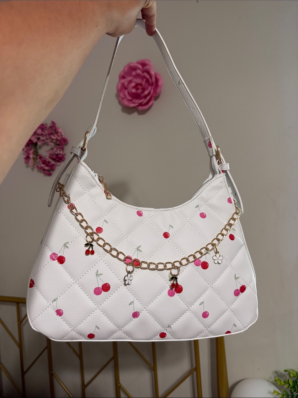 White Quilted Cherry Print Shoulder Bag with Gold Chain Charm